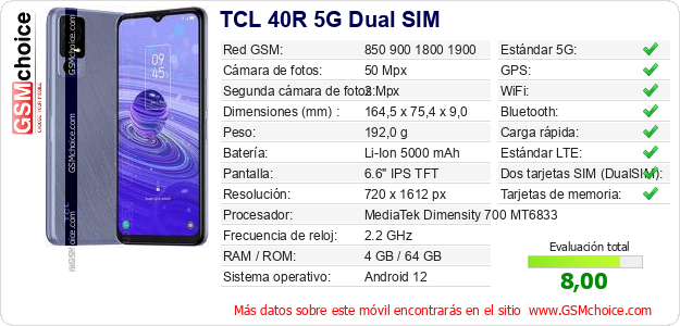 TCL 40R 5G Dual SIM Datos técnicos del móvil 