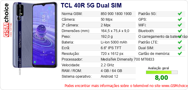 TCL 40R 5G Dual SIM Especificações técnicas do telemóvel TCL 40R 5G Dual SIM Especificações técnicas do telemóvel