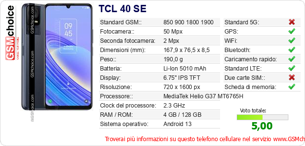 TCL 40 SE Dati tecnici di telefono cellulare 