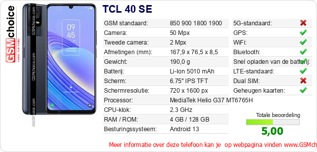 TCL 40 SE Technische gegevens TCL 40 SE Technische gegevens