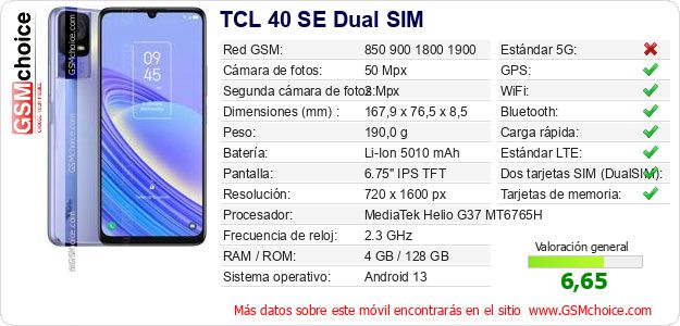 TCL 40 SE Dual SIM Datos técnicos del móvil TCL 40 SE Dual SIM Datos técnicos del móvil
