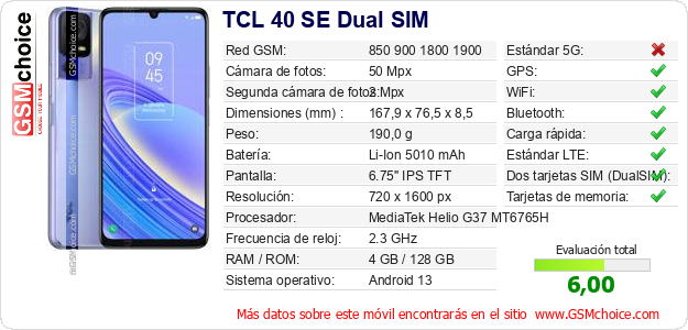 TCL 40 SE Dual SIM Datos técnicos del móvil 