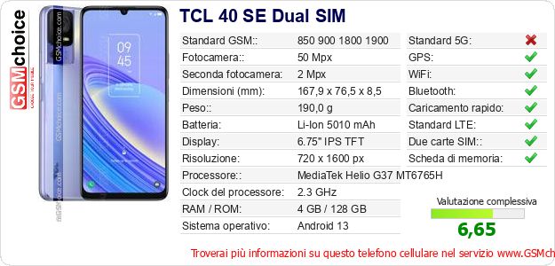 TCL 40 SE Dual SIM Dati tecnici di telefono cellulare 