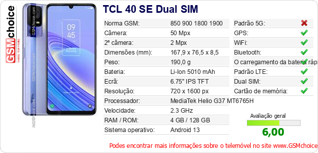 TCL 40 SE Dual SIM Especificações técnicas do telemóvel 