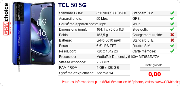 TCL 50 5G Fiche technique