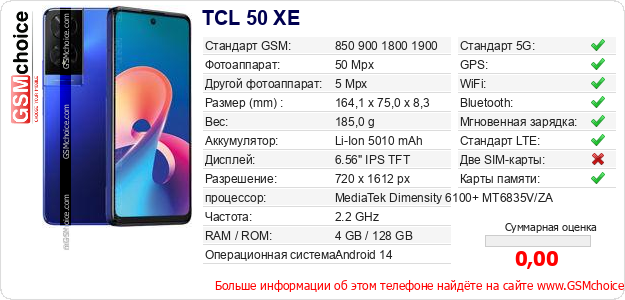 TCL 50 XE Технические данные телефона TCL 50 XE Технические данные телефона