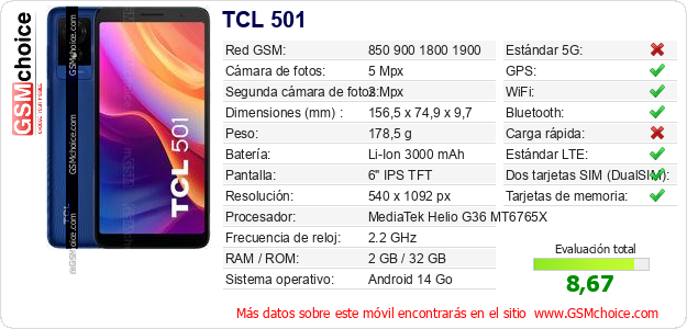 TCL 501 Datos técnicos del móvil TCL 501 Datos técnicos del móvil