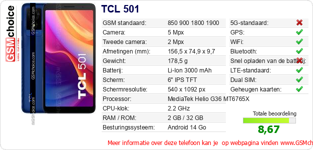 TCL 501 Technische gegevens TCL 501 Technische gegevens