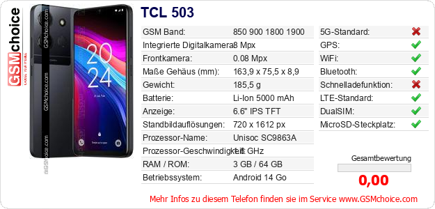 TCL 503 technische Daten TCL 503 technische Daten