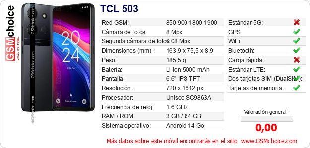 TCL 503 Datos técnicos del móvil TCL 503 Datos técnicos del móvil