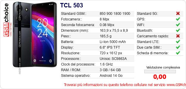 TCL 503 Dati tecnici di telefono cellulare 