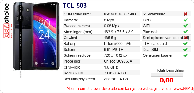TCL 503 Technische gegevens TCL 503 Technische gegevens