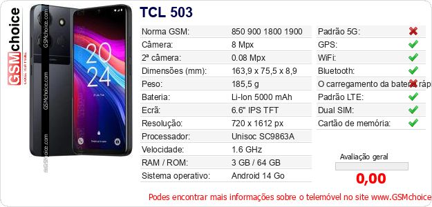 TCL 503 Especificações técnicas do telemóvel 