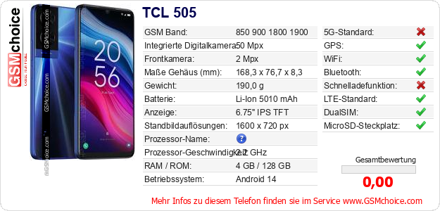 TCL 505 technische Daten TCL 505 technische Daten