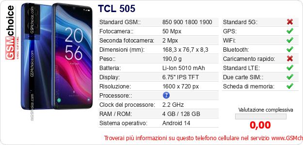 TCL 505 Dati tecnici di telefono cellulare 