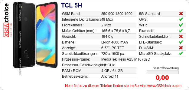 TCL 5H technische Daten TCL 5H technische Daten