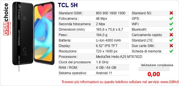 TCL 5H Dati tecnici di telefono cellulare TCL 5H Dati tecnici di telefono cellulare