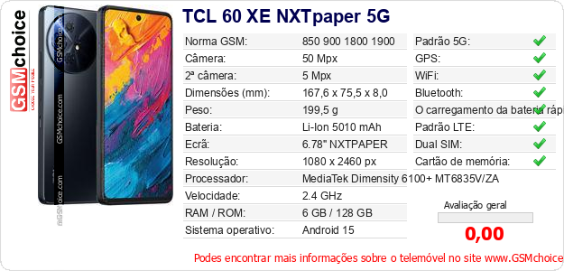 TCL 60 XE NXTpaper 5G Especificações técnicas do telemóvel 