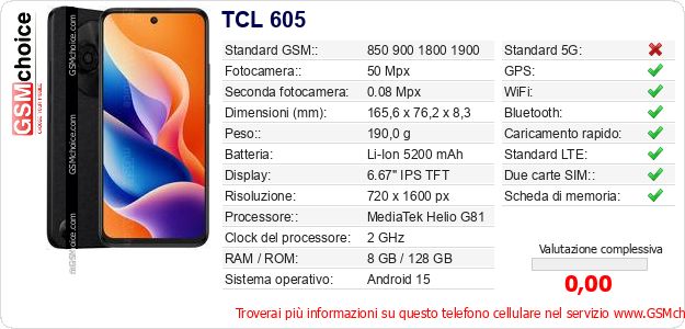 TCL 605 Dati tecnici di telefono cellulare TCL 605 Dati tecnici di telefono cellulare