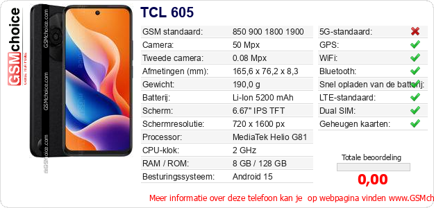 TCL 605 Technische gegevens TCL 605 Technische gegevens
