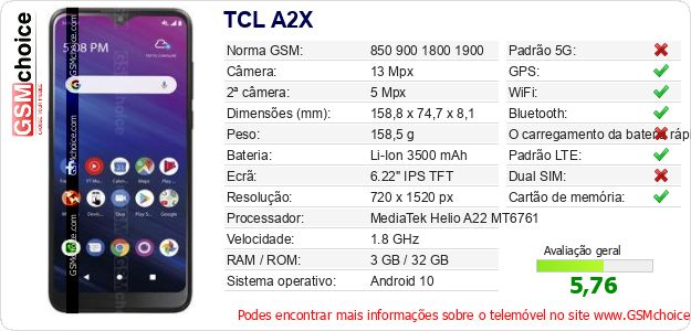 TCL A2X Especificações técnicas do telemóvel TCL A2X Especificações técnicas do telemóvel