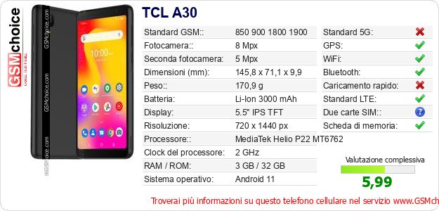 TCL A30 Dati tecnici di telefono cellulare 