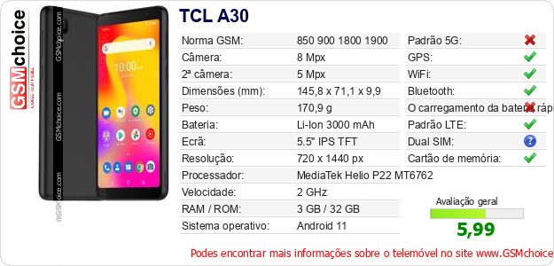 TCL A30 Especificações técnicas do telemóvel TCL A30 Especificações técnicas do telemóvel