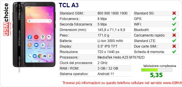 TCL A3 Dati tecnici di telefono cellulare 