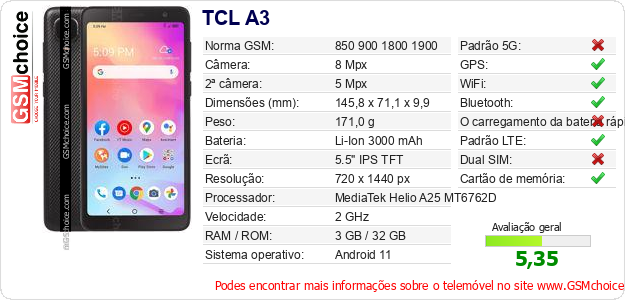 TCL A3 Especificações técnicas do telemóvel 