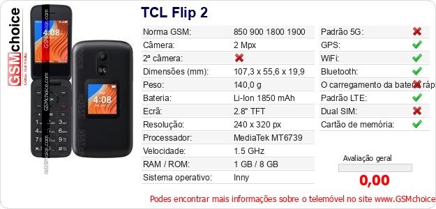 TCL Flip 2 Especificações técnicas do telemóvel TCL Flip 2 Especificações técnicas do telemóvel
