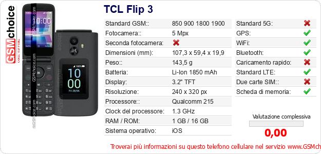 TCL Flip 3 Dati tecnici di telefono cellulare TCL Flip 3 Dati tecnici di telefono cellulare