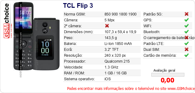 TCL Flip 3 Especificações técnicas do telemóvel 