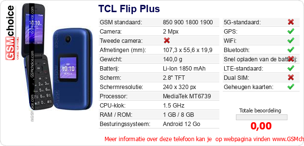 TCL Flip Plus Technische gegevens TCL Flip Plus Technische gegevens