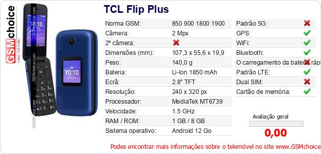 TCL Flip Plus Especificações técnicas do telemóvel 