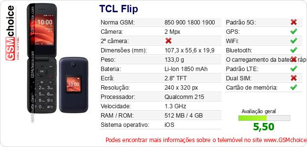 TCL Flip Especificações técnicas do telemóvel TCL Flip Especificações técnicas do telemóvel