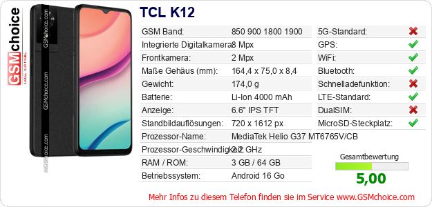 TCL K12 technische Daten TCL K12 technische Daten