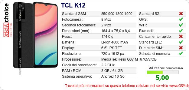 TCL K12 Dati tecnici di telefono cellulare TCL K12 Dati tecnici di telefono cellulare