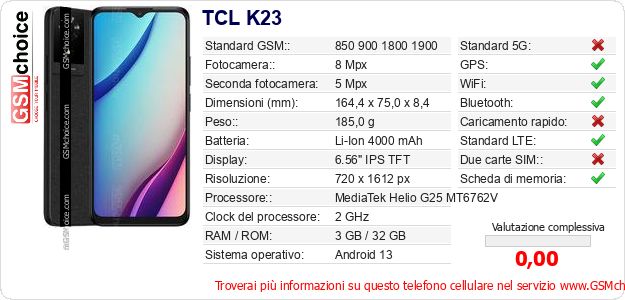 TCL K23 Dati tecnici di telefono cellulare TCL K23 Dati tecnici di telefono cellulare