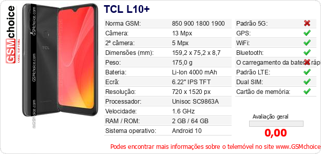 TCL L10+ Especificações técnicas do telemóvel TCL L10+ Especificações técnicas do telemóvel