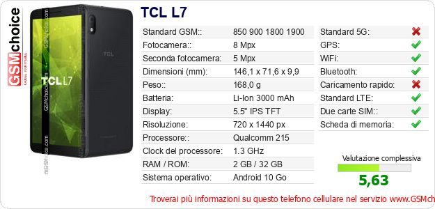 TCL L7 Dati tecnici di telefono cellulare TCL L7 Dati tecnici di telefono cellulare