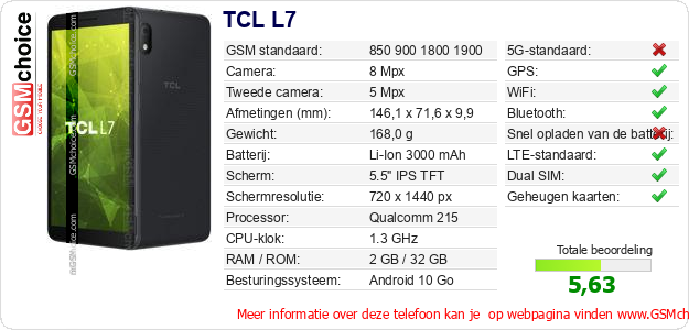 TCL L7 Technische gegevens 