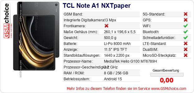 TCL Note A1 NXTpaper technische Daten TCL Note A1 NXTpaper technische Daten