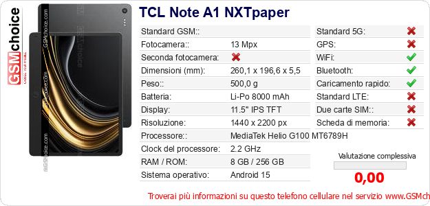 TCL Note A1 NXTpaper Dati tecnici di telefono cellulare TCL Note A1 NXTpaper Dati tecnici di telefono cellulare