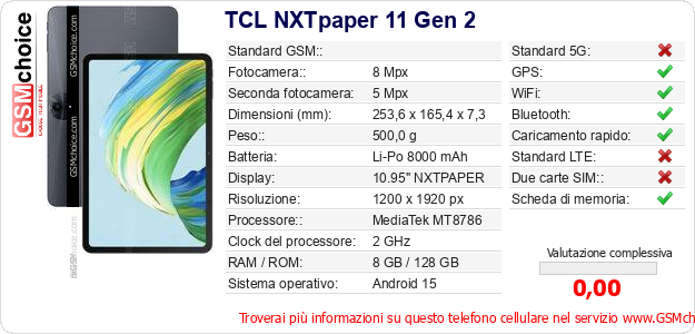 TCL NXTpaper 11 Gen 2 Dati tecnici di telefono cellulare 