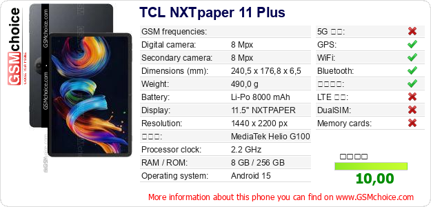 TCL NXTpaper 11 Plus 手機技術數據