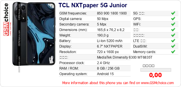 TCL NXTpaper 5G Junior 手机技术数据