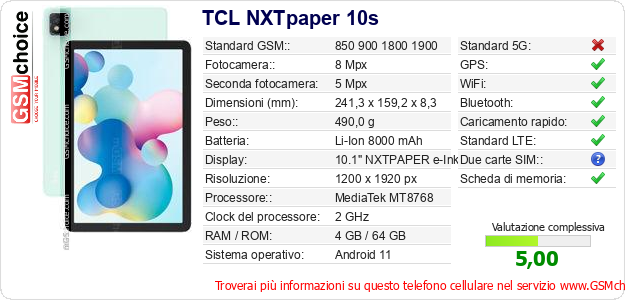 TCL NXTpaper 10s Dati tecnici di telefono cellulare 