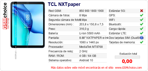TCL NXTpaper Datos técnicos del móvil 