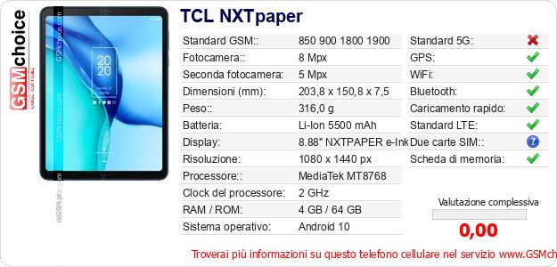 TCL NXTpaper Dati tecnici di telefono cellulare TCL NXTpaper Dati tecnici di telefono cellulare