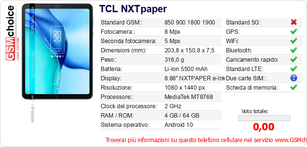 TCL NXTpaper Dati tecnici di telefono cellulare TCL NXTpaper Dati tecnici di telefono cellulare